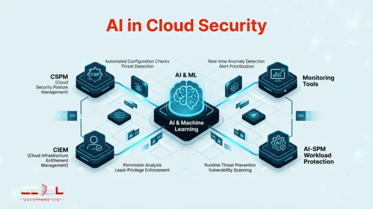 AI in cloud security diagram showing machine learning enhancing CSPM CIEM and monitoring tools plus AI-SPM workload protection