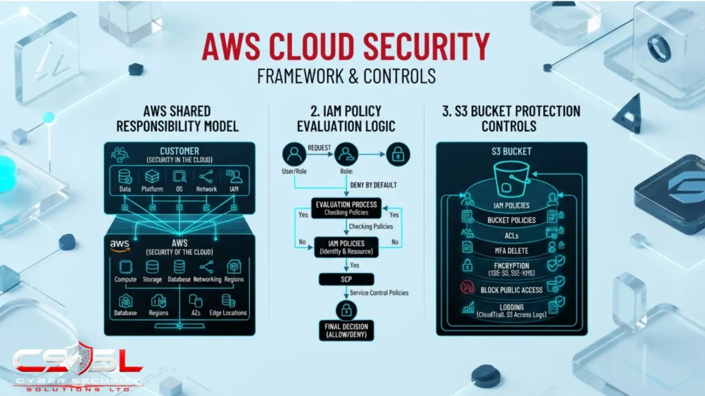 AWS cloud security diagram showing shared responsibility model IAM policy evaluation and S3 bucket protection controls