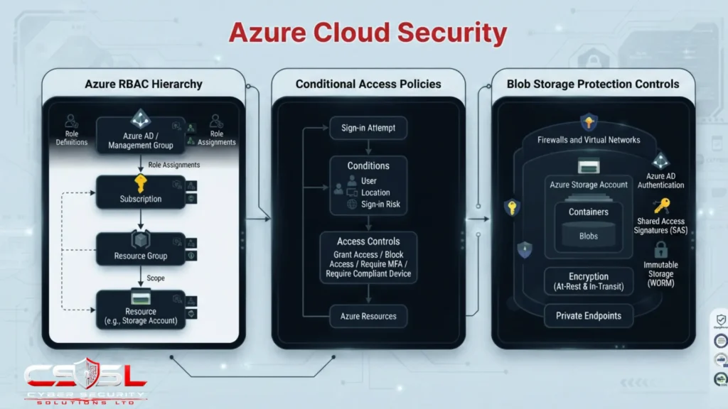 Azure cloud security diagram showing RBAC hierarchy Conditional Access policies and Blob Storage protection controls