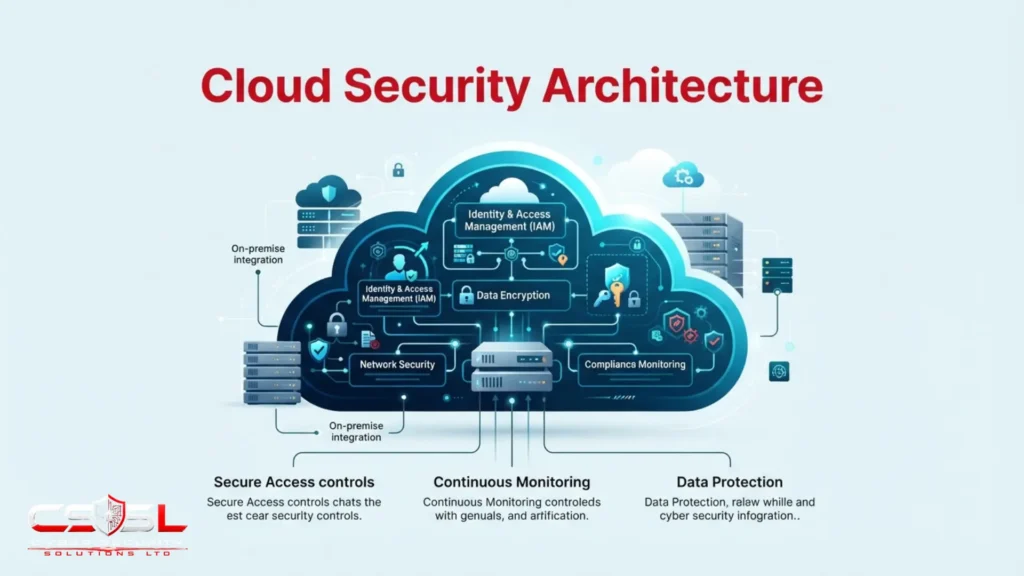 Cloud security architecture diagram showing identity, network, compute, application and data layers