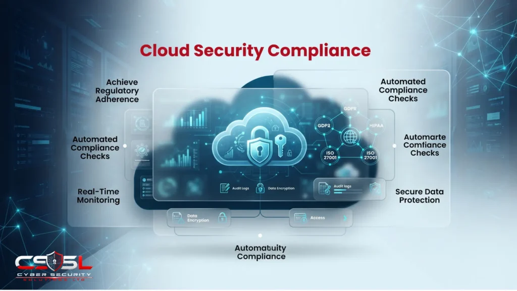 Cloud security compliance diagram showing FedRAMP HIPAA and ISO 27017 requirements
