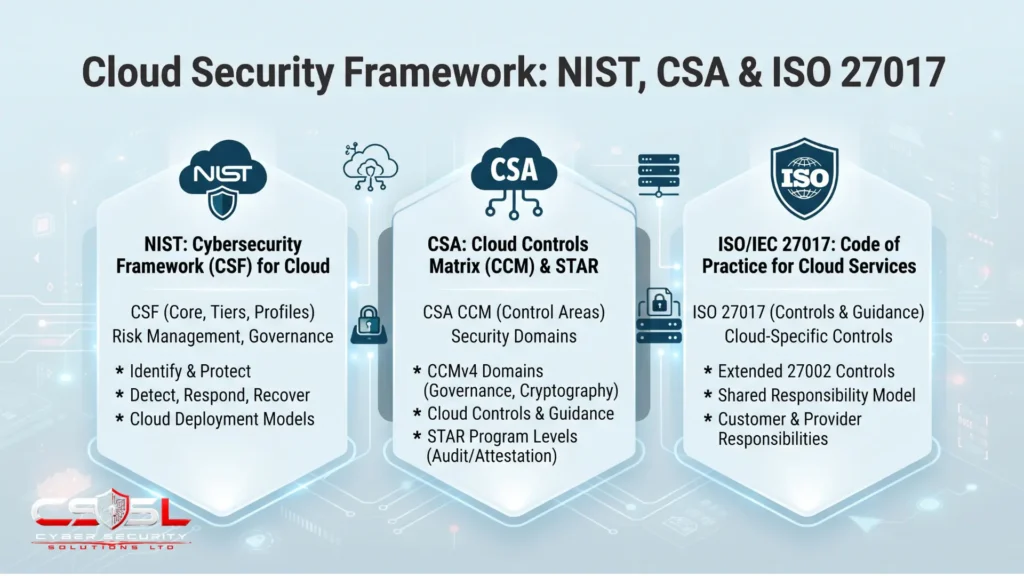 Cloud security framework comparison showing NIST CSF CSA and ISO 27017