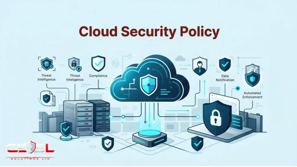 Cloud security policy template showing seven domains and policy structure sections