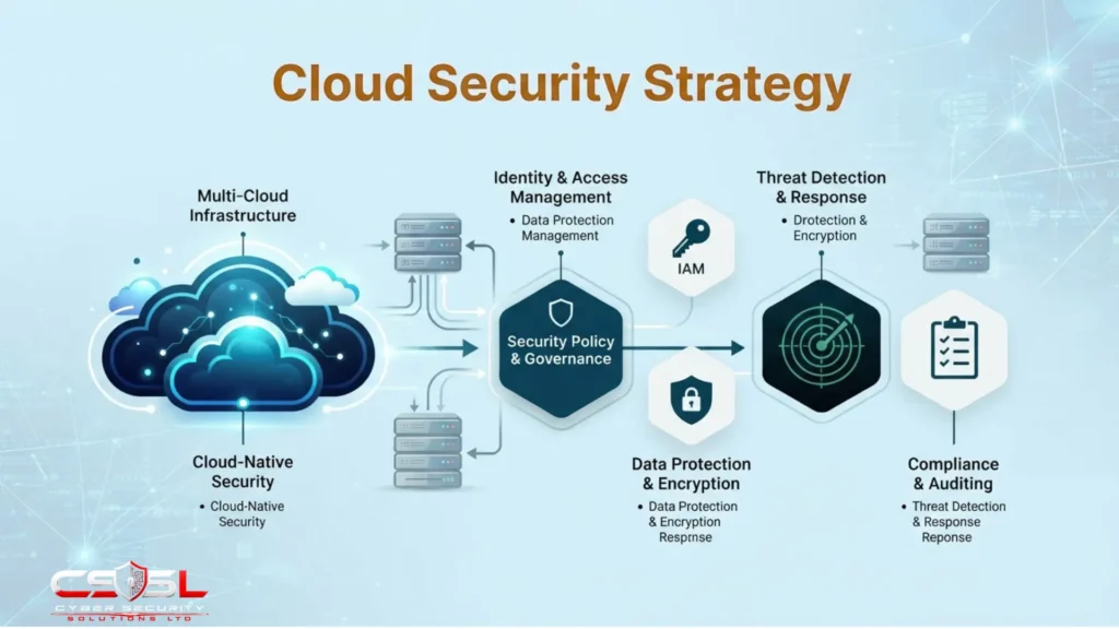 Cloud security strategy roadmap diagram showing domain sequencing, maturity stages and governance structure for organizations