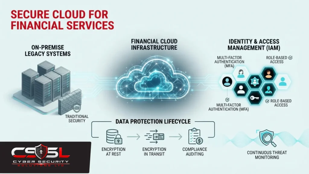 Cloud security for financial services diagram showing PCI DSS scoping DORA compliance and cloud concentration risk mitigation