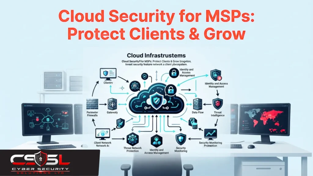 Cloud security for MSPs diagram showing tenant isolation architecture and four-party shared responsibility model across client accounts