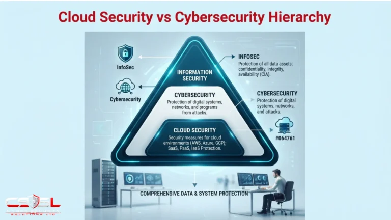 Cloud security vs cybersecurity hierarchy diagram with information security