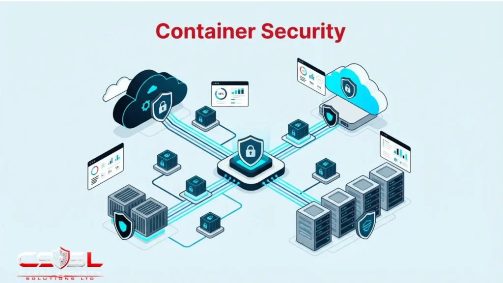 Container security diagram comparing Docker image hardening and Kubernetes control plane protection