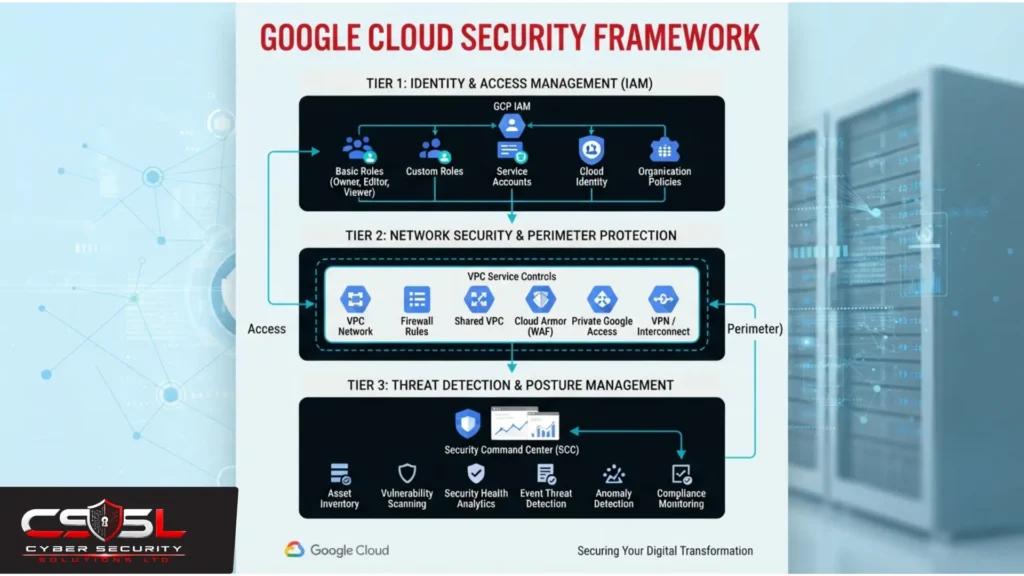 Google Cloud security diagram showing IAM Basic Roles VPC Service Controls and Security Command Center tiered protection