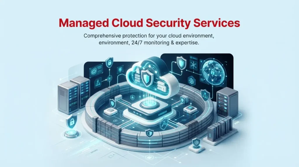 Managed cloud security services diagram showing third party provider monitoring remediation and compliance for cloud environments