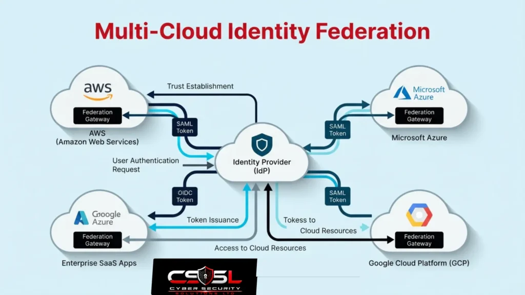 Multi-cloud security diagram showing identity federation across providers