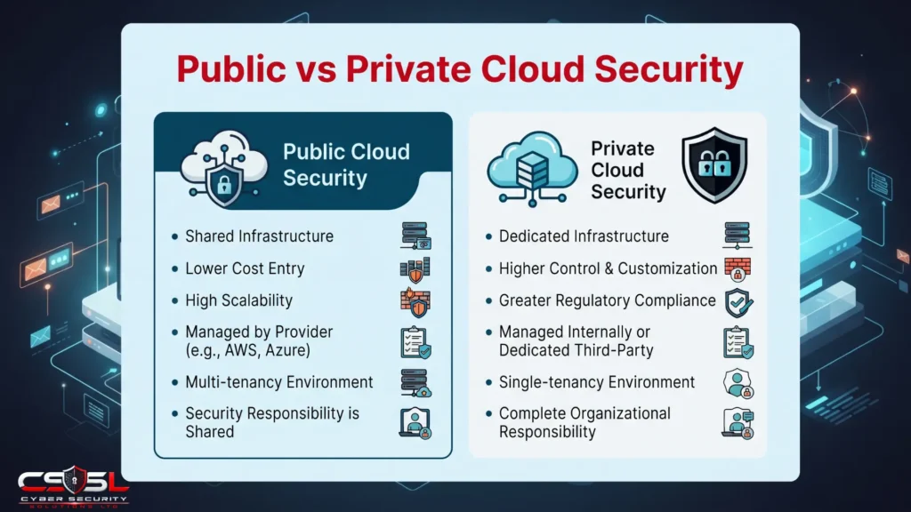 Public vs private cloud security diagram comparing multi-tenancy and shared responsibility