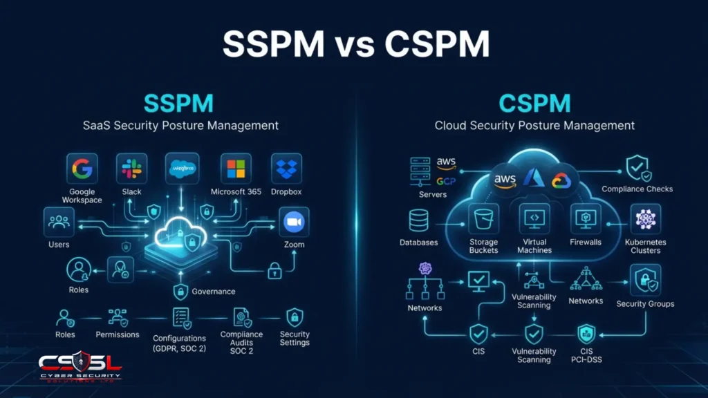 SSPM vs CSPM comparison diagram showing SaaS security posture management and cloud security posture management coverage layers