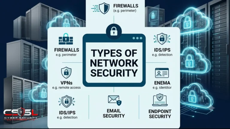 Types of network security breakdown showing eight functional categories