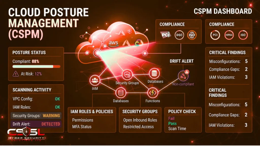 What is CSPM cloud security posture management tool scanning multi-cloud environment for misconfigurations and drift on a security dashboard