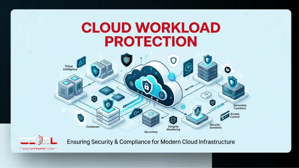 CWPP diagram showing vulnerability scanning and runtime protection for VMs, containers and serverless
