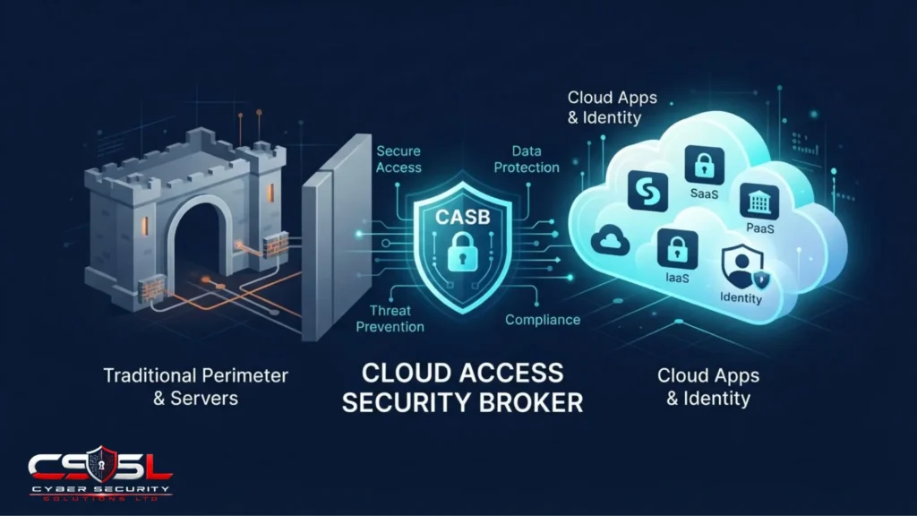 : Cloud access security broker diagram showing CASB enforcement between users and cloud services