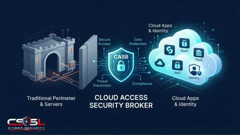 : Cloud access security broker diagram showing CASB enforcement between users and cloud services