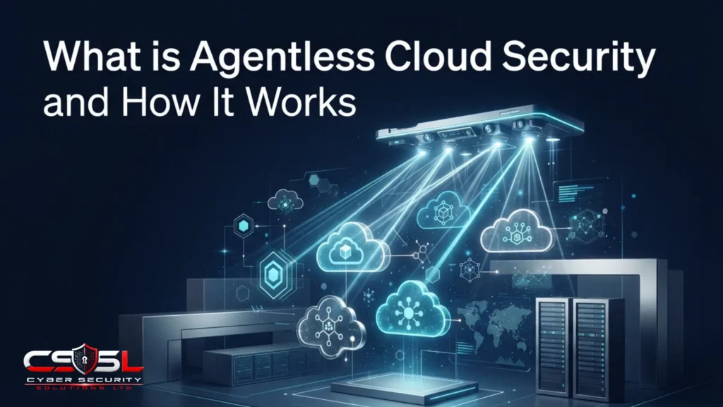 Agentless cloud security diagram showing API based scanning across AWS, Azure and Google Cloud