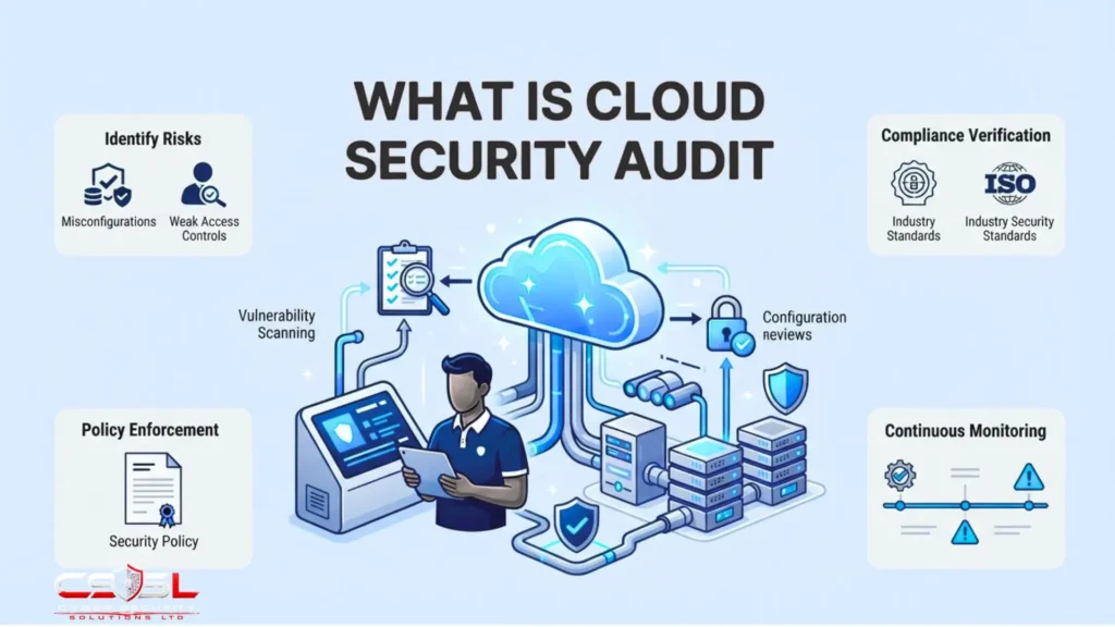 Cloud security audit process diagram showing scope evidence testing and reporting steps