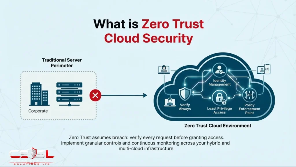 Zero trust cloud security diagram showing identity, device, network and data pillars