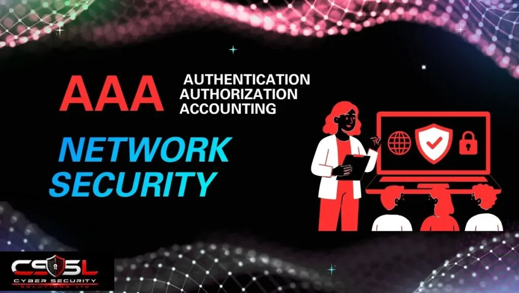 Diagram explaining AAA in network security: authentication, authorization and accounting