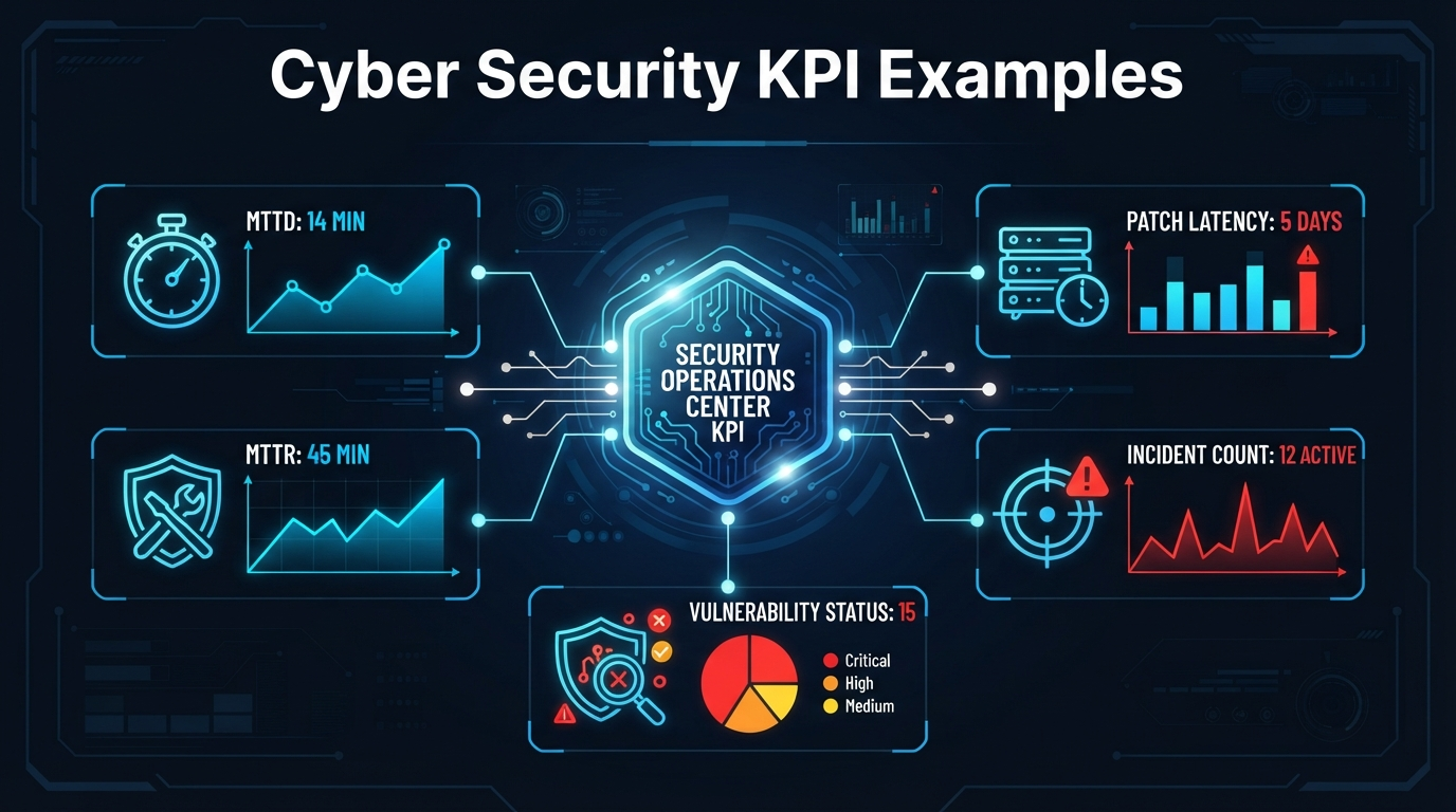 cyber security KPI examples dashboard showing risk posture and security metrics benchmarking