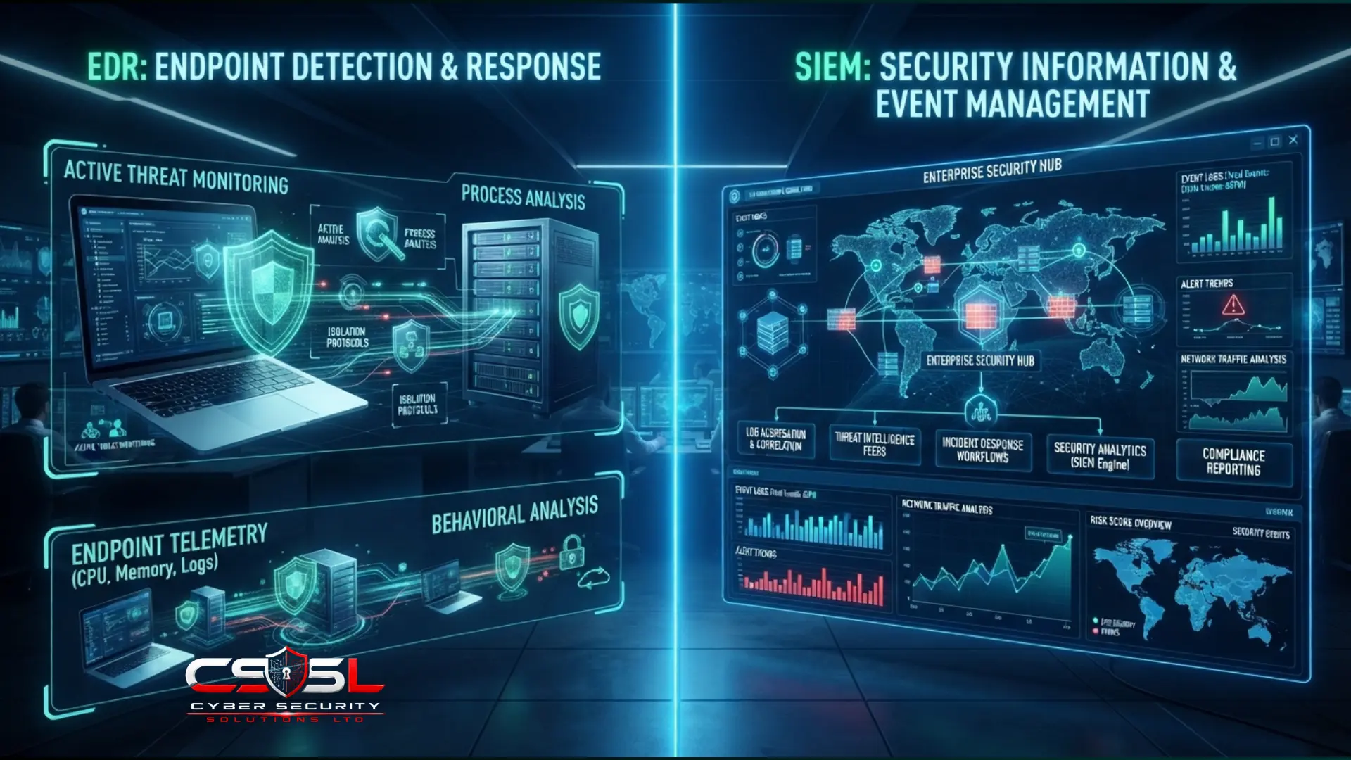 Diagram showing EDR endpoint telemetry feeding into a SIEM platform for correlated threat detection and response