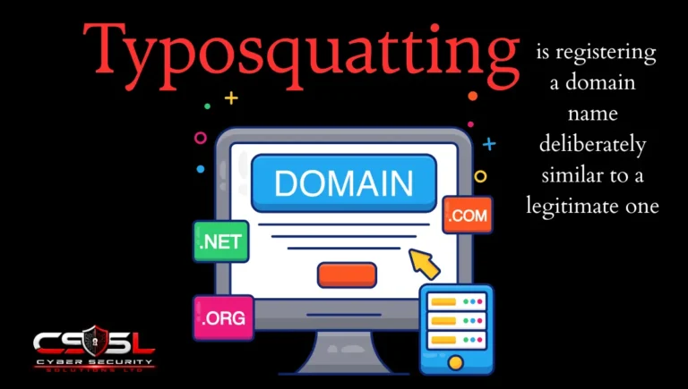 Illustration comparing a legitimate website URL to a typosquatted lookalike domain designed to steal login credentials