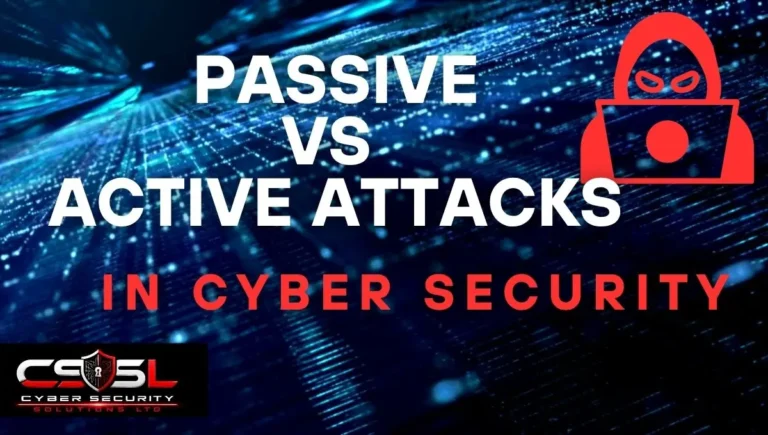 Diagram comparing passive attacks like eavesdropping to active attacks like denial-of-service in cyber security