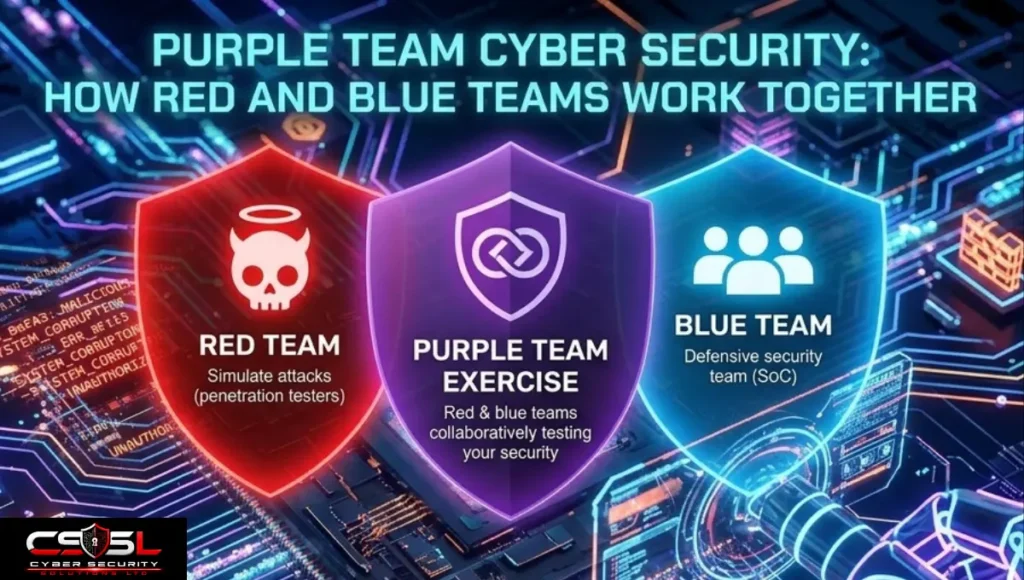 purple team cyber security diagram showing white team referee role between red and blue teams