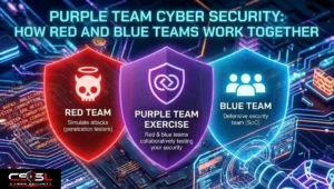 purple team cyber security diagram showing white team referee role between red and blue teams