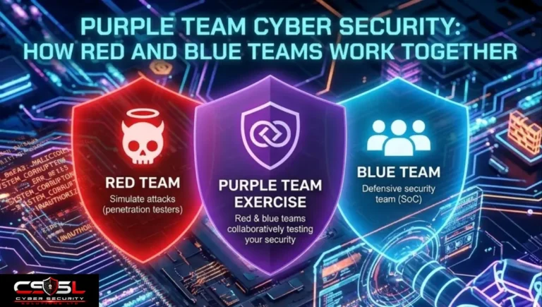 purple team cyber security diagram showing white team referee role between red and blue teams