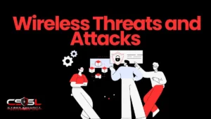 wireless threats and attacks diagram showing Evil Twin rogue access point and WPA3 downgrade attack