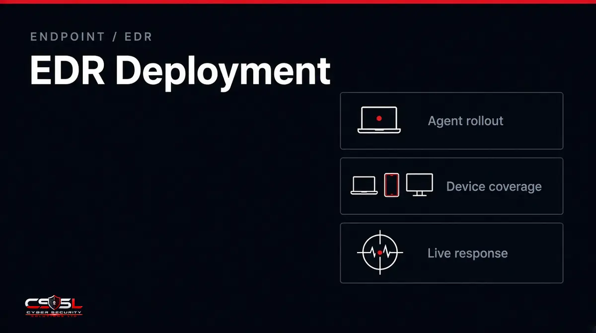 EDR deployment diagram showing phased rollout timeline and legacy antivirus migration process
