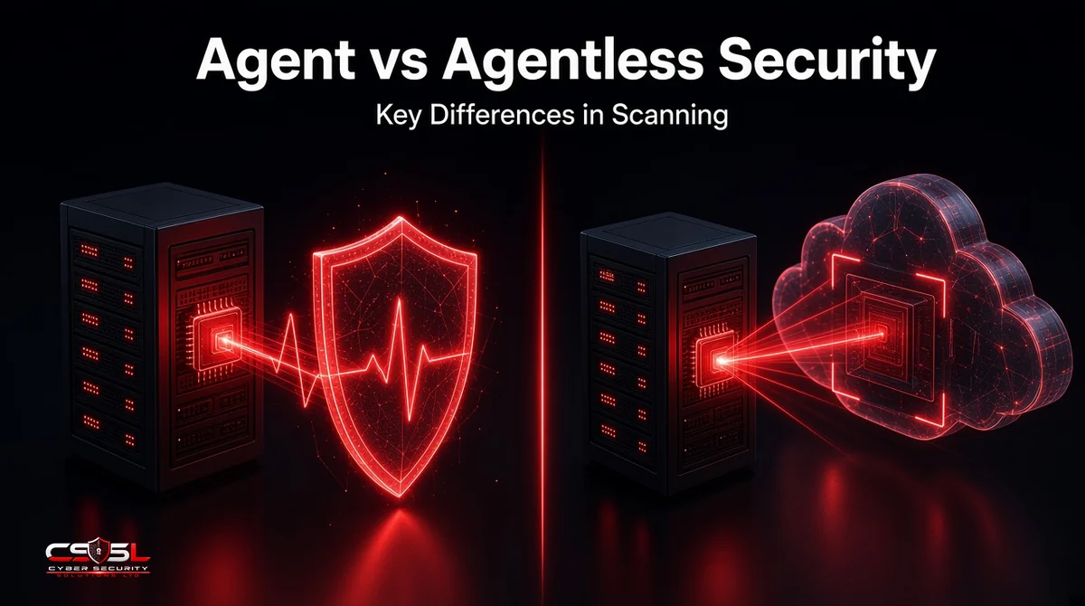Agent vs agentless security comparison diagram showing an endpoint agent sending real-time telemetry beside agentless API snapshot scanning of cloud VMs and containers