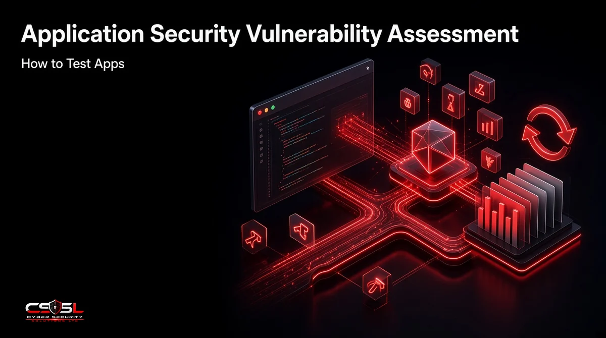 Application security vulnerability assessment workflow showing code scanning, dynamic testing of a web app and API, validated findings sorted by severity and a retest step