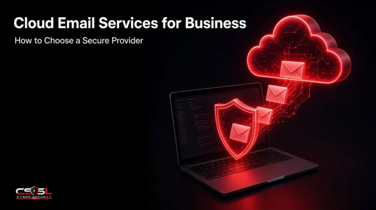 Cloud email services comparison for business showing Microsoft 365, Google Workspace and Zoho Mail with MFA, DMARC and encryption security checks