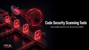 Code security scanning tools overview showing a developer pipeline with SAST, dependency, secrets and infrastructure code checks beside network and web app vulnerability scanners