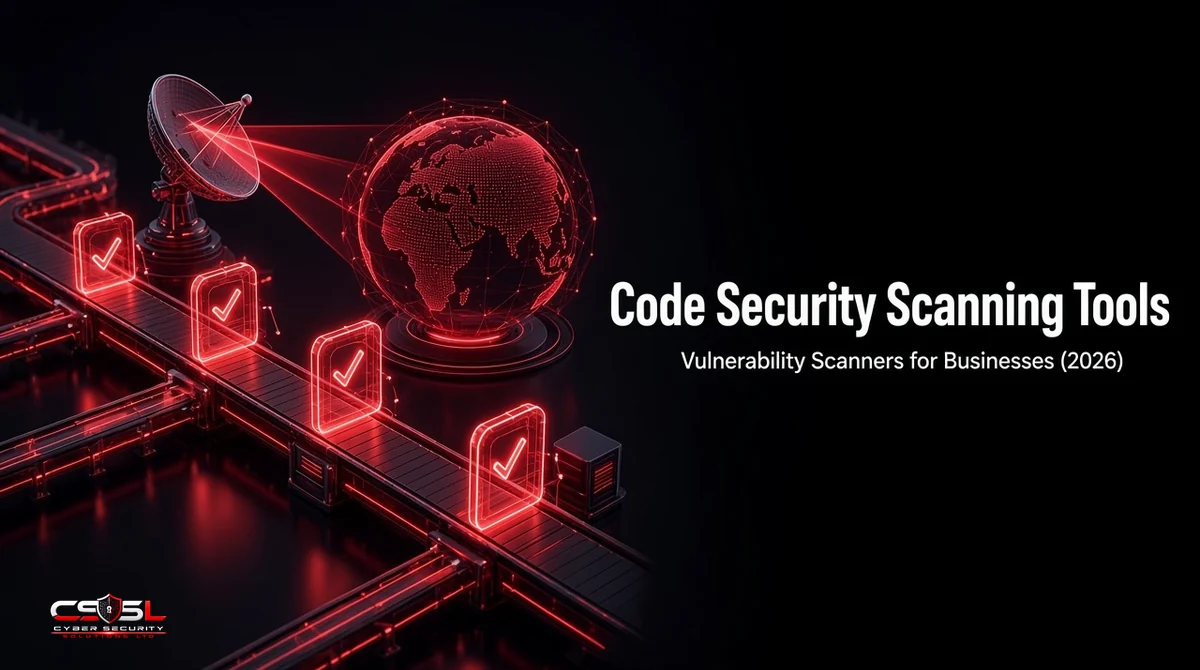Code security scanning tools overview showing a developer pipeline with SAST, dependency, secrets and infrastructure code checks beside network and web app vulnerability scanners