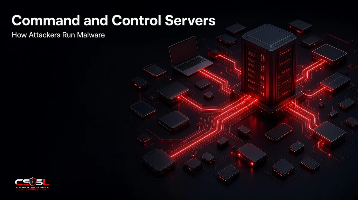 Diagram of a command and control server sending encrypted commands to malware-infected laptops and servers in a business network, which beacon back and send out data, with NDR, EDR and DNS filtering detecting the C2 traffic