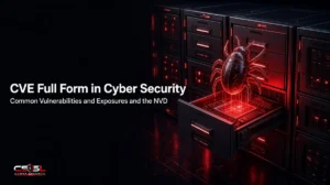 CVE full form in cyber security infographic showing Common Vulnerabilities and Exposures with a sample CVE ID, the path from MITRE and CVE Numbering Authorities to the National Vulnerability Database, and NVD enrichment with CVSS scores
