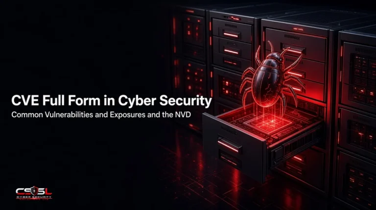 CVE full form in cyber security infographic showing Common Vulnerabilities and Exposures with a sample CVE ID, the path from MITRE and CVE Numbering Authorities to the National Vulnerability Database, and NVD enrichment with CVSS scores