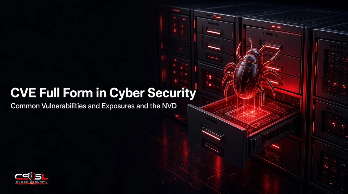 CVE full form in cyber security infographic showing Common Vulnerabilities and Exposures with a sample CVE ID, the path from MITRE and CVE Numbering Authorities to the National Vulnerability Database, and NVD enrichment with CVSS scores