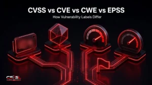 CVSS vs CVE comparison graphic showing a CVE ID, its CWE weakness type, a CVSS severity gauge and an EPSS exploitation probability side by side with a CISA KEV flag