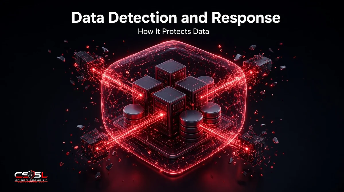 Data detection and response diagram showing a DDR platform monitoring sensitive data across cloud storage, SaaS apps, databases and endpoints in real time, flagging an insider exfiltration attempt and blocking the transfer