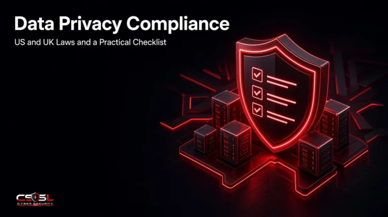 Data privacy compliance checklist graphic showing US and UK privacy laws, data mapping, consent, rights requests, encryption and breach notification steps for a business