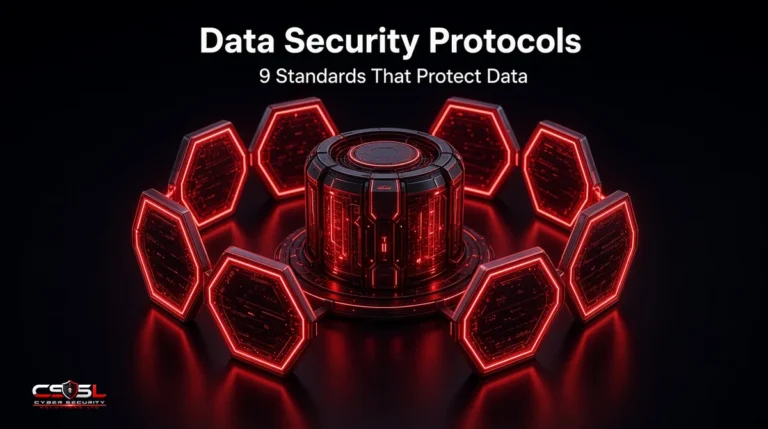Data security protocols diagram showing TLS and IPsec encrypting data in transit, AES-256 encrypting data at rest, and MFA, Kerberos and SAML authenticating users, mapped to ISO 27001, NIST and PCI DSS standards
