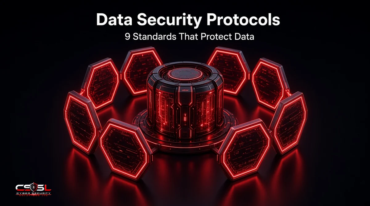 Data security protocols diagram showing TLS and IPsec encrypting data in transit, AES-256 encrypting data at rest, and MFA, Kerberos and SAML authenticating users, mapped to ISO 27001, NIST and PCI DSS standards