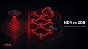 NDR vs XDR comparison diagram showing NDR sensors analyzing network traffic from servers and IoT devices beside an XDR platform correlating endpoint, email, identity and cloud telemetry, with NDR feeding network data into XDR